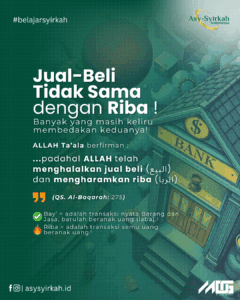 Ilustrasi perbedaan jual beli halal dan riba haram dalam Islam, dengan simbol timbangan keadilan, uang, dan barang dagangan, disertai kutipan QS. Al-Baqarah: 275.