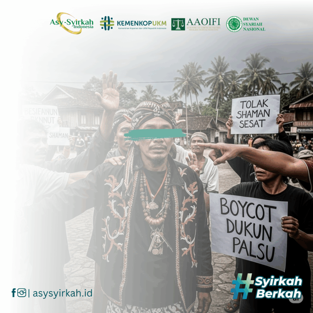 Ilustrasi seseorang yang menolak jimat dan memilih jalan lurus yang bercahaya, melambangkan keyakinan bahwa rezeki datang dari Allah, bukan dari benda syirik.