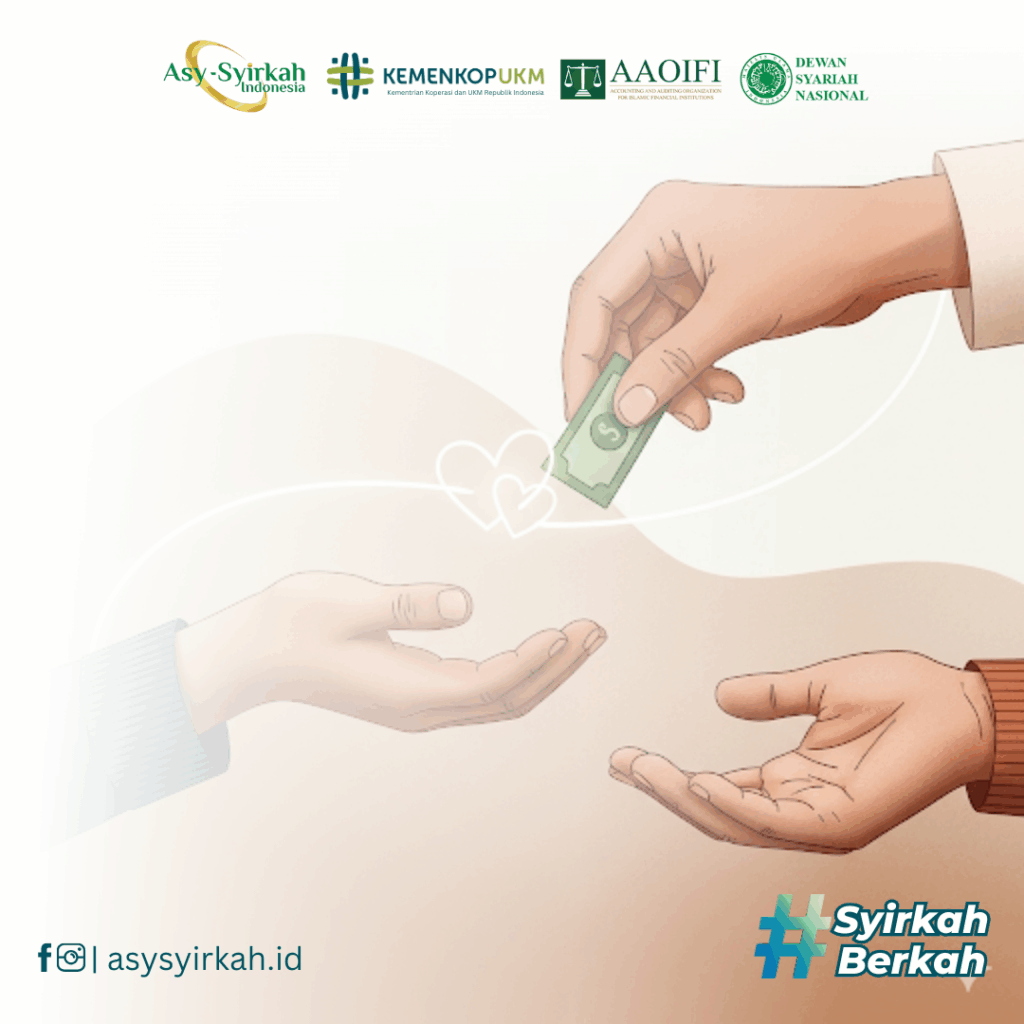 Ilustrasi tangan yang sedang memberikan uang atau bantuan kepada tangan lain dari anggota keluarga, melambangkan sedekah untuk kerabat. Terdapat dua simbol hati yang bersatu.