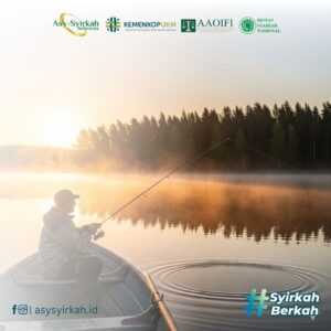 Ilustrasi seseorang yang sedang memancing, menggunakan koin emas sebagai umpan. Dari air, muncul ikan besar yang bercahaya, melambangkan sedekah sebagai pemancing rezeki.