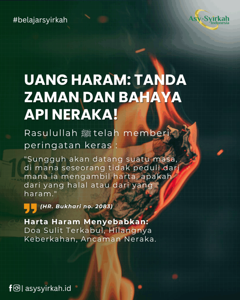Ilustrasi timbangan antara harta halal dan haram, dengan timbangan haram (berbentuk uang tunai modern) lebih berat, menunjukkan Fitnah Harta Akhir Zaman.