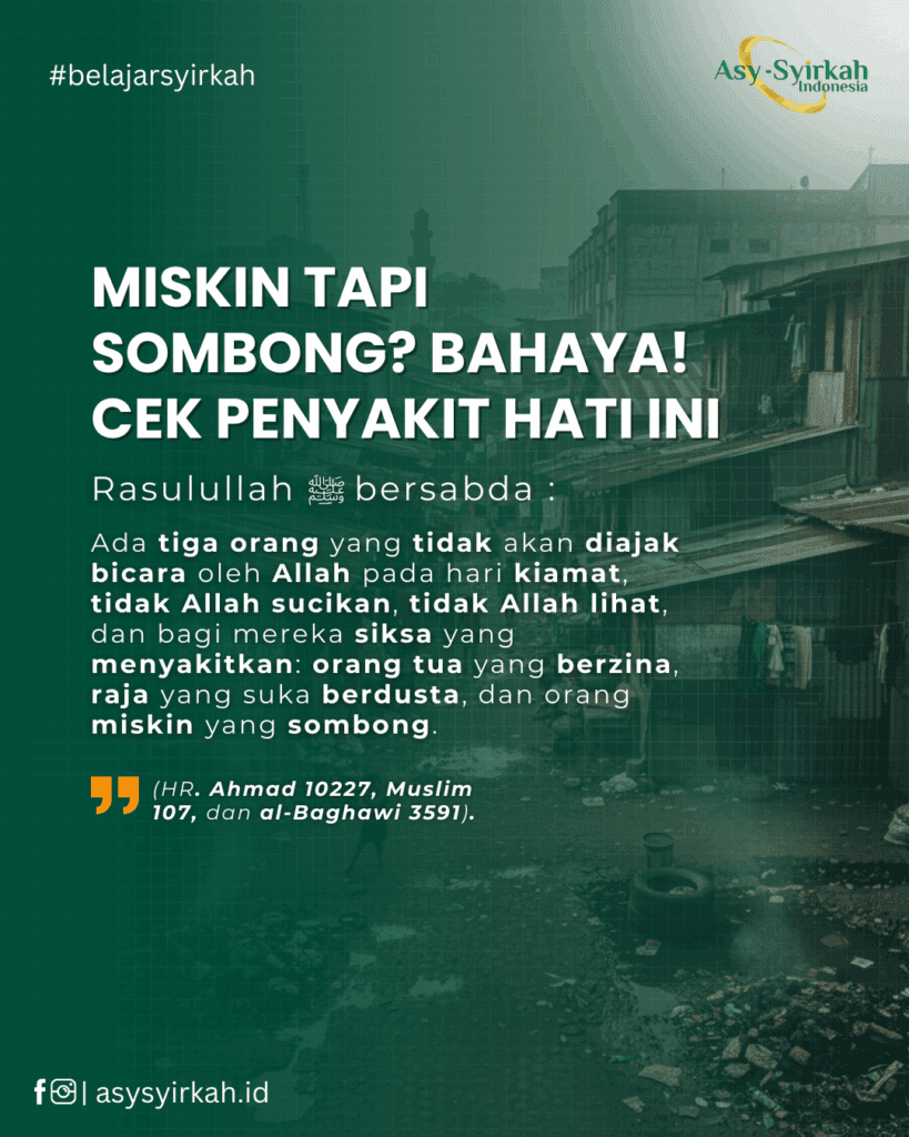 Ilustrasi simbolis seorang pria berpakaian sederhana namun membusungkan dada di hadapan orang lain, menggambarkan bahaya Orang Miskin yang Sombong.