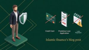Ilustrasi 3D seorang pria muslim menolak transaksi kartu kredit dan pinjaman online konvensional untuk menghindari jebakan riba tersembunyi