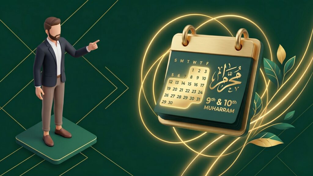 Ilustrasi 3D seorang pria muslim melihat kalender menandai tanggal puasa Asyura dan Tasu'a di bulan Muharram untuk meraih ampunan