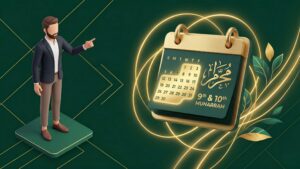 Ilustrasi 3D seorang pria muslim melihat kalender menandai tanggal puasa Asyura dan Tasu'a di bulan Muharram untuk meraih ampunan