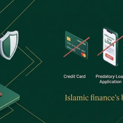 Ilustrasi 3D seorang pria muslim menolak transaksi kartu kredit dan pinjaman online konvensional untuk menghindari jebakan riba tersembunyi