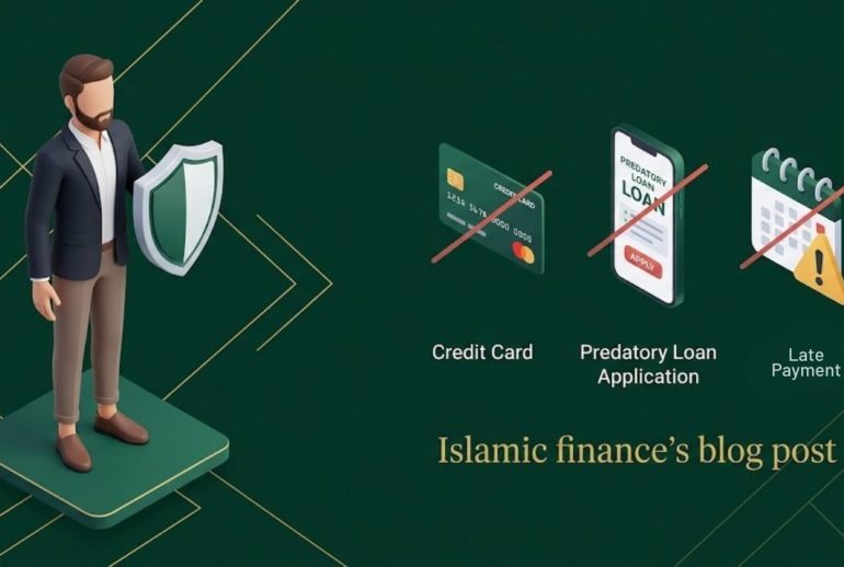 Ilustrasi 3D seorang pria muslim menolak transaksi kartu kredit dan pinjaman online konvensional untuk menghindari jebakan riba tersembunyi