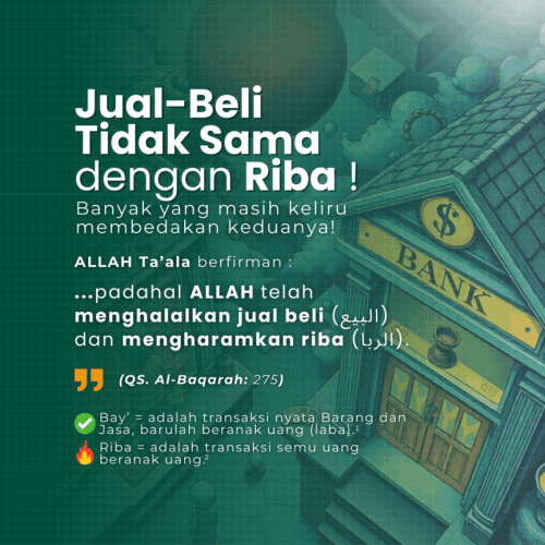 Ilustrasi perbedaan jual beli halal dan riba haram dalam Islam, dengan simbol timbangan keadilan, uang, dan barang dagangan, disertai kutipan QS. Al-Baqarah: 275.