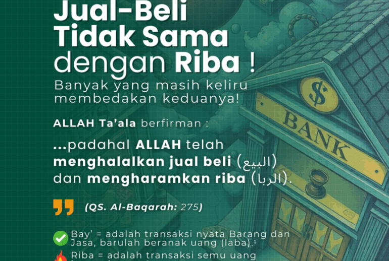 Ilustrasi perbedaan jual beli halal dan riba haram dalam Islam, dengan simbol timbangan keadilan, uang, dan barang dagangan, disertai kutipan QS. Al-Baqarah: 275.