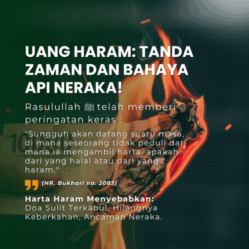 Ilustrasi timbangan antara harta halal dan haram, dengan timbangan haram (berbentuk uang tunai modern) lebih berat, menunjukkan Fitnah Harta Akhir Zaman.