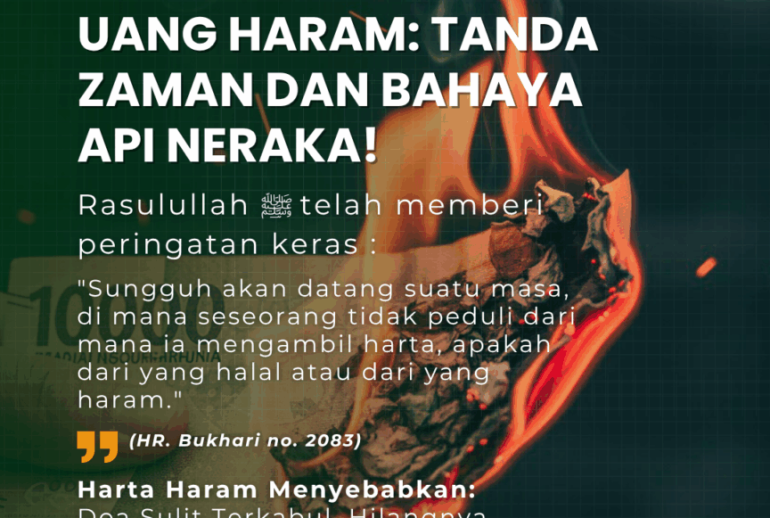 Ilustrasi timbangan antara harta halal dan haram, dengan timbangan haram (berbentuk uang tunai modern) lebih berat, menunjukkan Fitnah Harta Akhir Zaman.