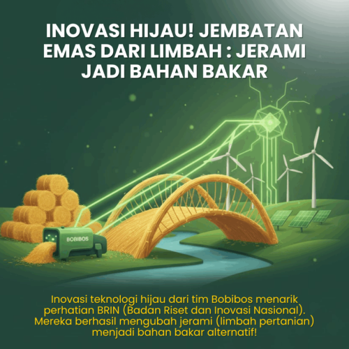 Ilustrasi proses pirolisis yang mengubah tumpukan jerami menjadi tetesan bio-oil, simbol Inovasi Jerami Jadi Bahan Bakar dari BRIN.