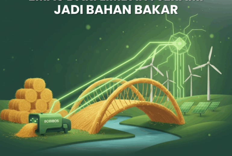 Ilustrasi proses pirolisis yang mengubah tumpukan jerami menjadi tetesan bio-oil, simbol Inovasi Jerami Jadi Bahan Bakar dari BRIN.