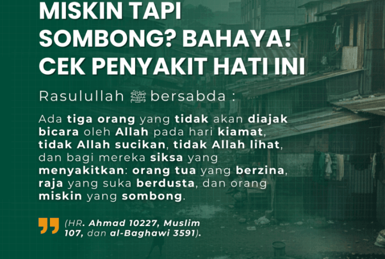 Ilustrasi simbolis seorang pria berpakaian sederhana namun membusungkan dada di hadapan orang lain, menggambarkan bahaya Orang Miskin yang Sombong.