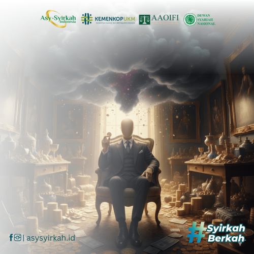 Ilustrasi seseorang yang sedang menikmati tumpukan harta dan kemewahan, tetapi di atasnya ada awan gelap yang siap turun. Ini melambangkan istidraj, di mana nikmat duniawi datang sebagai jebakan.
