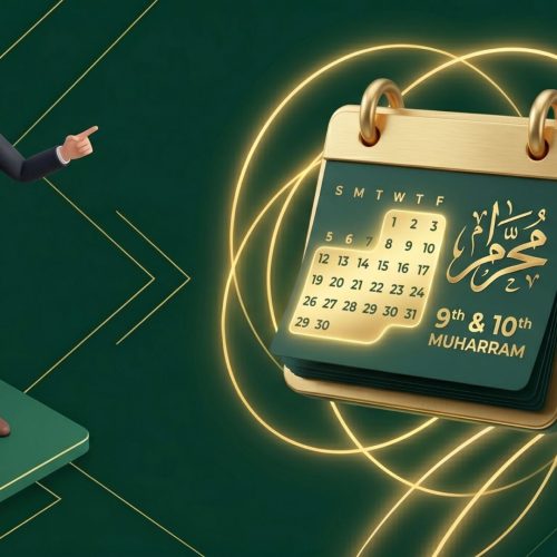 Ilustrasi 3D seorang pria muslim melihat kalender menandai tanggal puasa Asyura dan Tasu'a di bulan Muharram untuk meraih ampunan