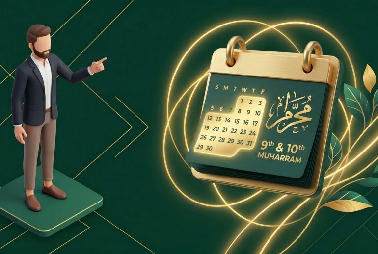 Ilustrasi 3D seorang pria muslim melihat kalender menandai tanggal puasa Asyura dan Tasu'a di bulan Muharram untuk meraih ampunan