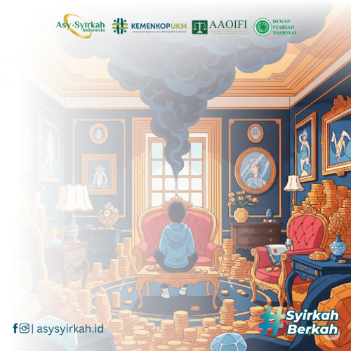 Ilustrasi seseorang yang sedang menikmati tumpukan harta dan kemewahan, tetapi di atasnya ada awan gelap yang siap turun. Ini melambangkan istidraj, di mana nikmat duniawi datang sebagai jebakan.