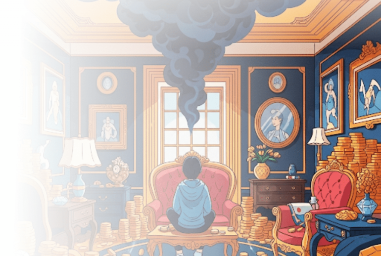 Ilustrasi seseorang yang sedang menikmati tumpukan harta dan kemewahan, tetapi di atasnya ada awan gelap yang siap turun. Ini melambangkan istidraj, di mana nikmat duniawi datang sebagai jebakan.