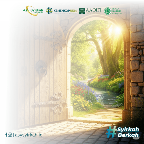Sebuah foto realistis dari sebuah pintu kayu tua yang setengah terbuka di dinding batu, menampakkan pemandangan taman yang rimbun dan cerah di baliknya, lengkap dengan aliran sungai kecil, bunga-bunga berwarna-warni, dan sinar matahari yang menyinari.