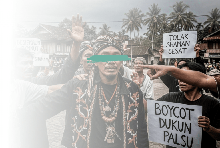 Ilustrasi seseorang yang menolak jimat dan memilih jalan lurus yang bercahaya, melambangkan keyakinan bahwa rezeki datang dari Allah, bukan dari benda syirik.