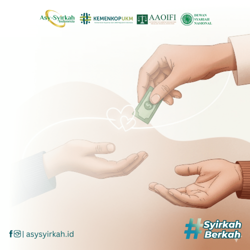 Ilustrasi tangan yang sedang memberikan uang atau bantuan kepada tangan lain dari anggota keluarga, melambangkan sedekah untuk kerabat. Terdapat dua simbol hati yang bersatu.